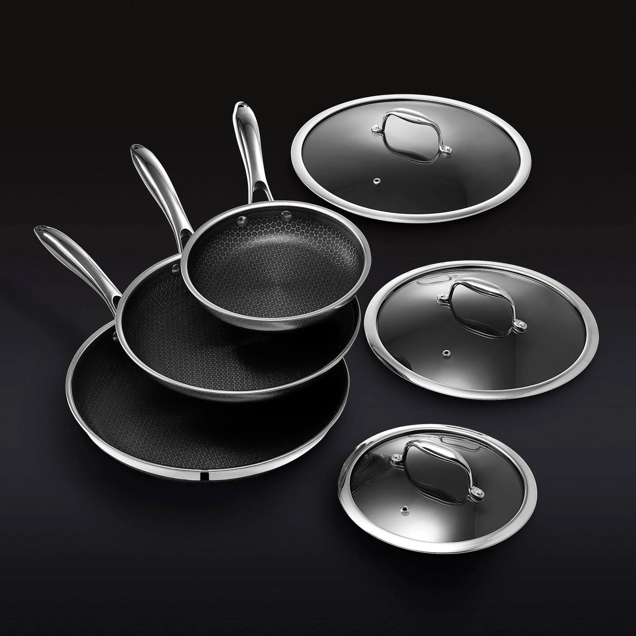 551022FB-BC5B-95C4-4ED3-280F3254EDC1 HexClad 6 Piece Hybrid Stainless Steel Cookware Pan Set 8 inch, 10 inch, 12 inch with Glass Lids, Size: One size, Black - Image 1